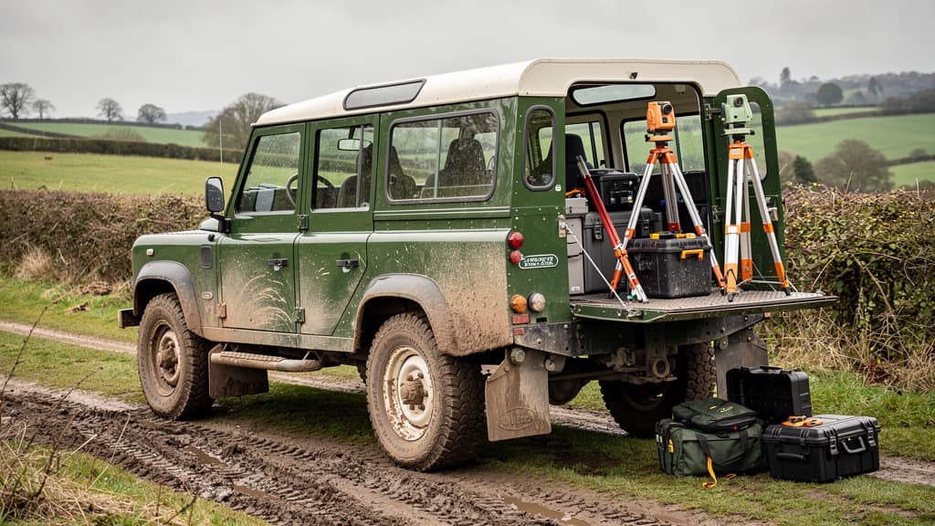 Land Rover Defender with surveying equipment in British countryside